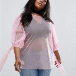 ASOS CURVE Pink Top in Mesh with Bow Sleeves